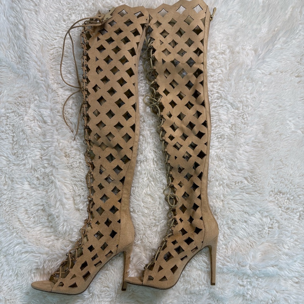Lattice Cutout Thigh-High Stiletto Boots